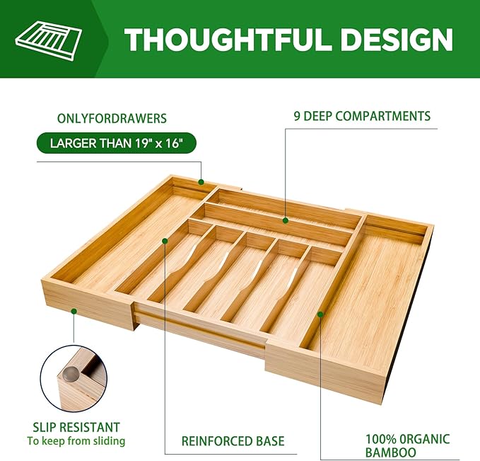 Simple Trending Bamboo Kitchen Drawer Organizer, Expandable Silverware Organizer, Utensil Cutlery Tray for Flatware, Natural