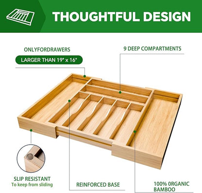 Simple Trending Bamboo Kitchen Drawer Organizer, Expandable Silverware Organizer, Utensil Cutlery Tray for Flatware, Natural