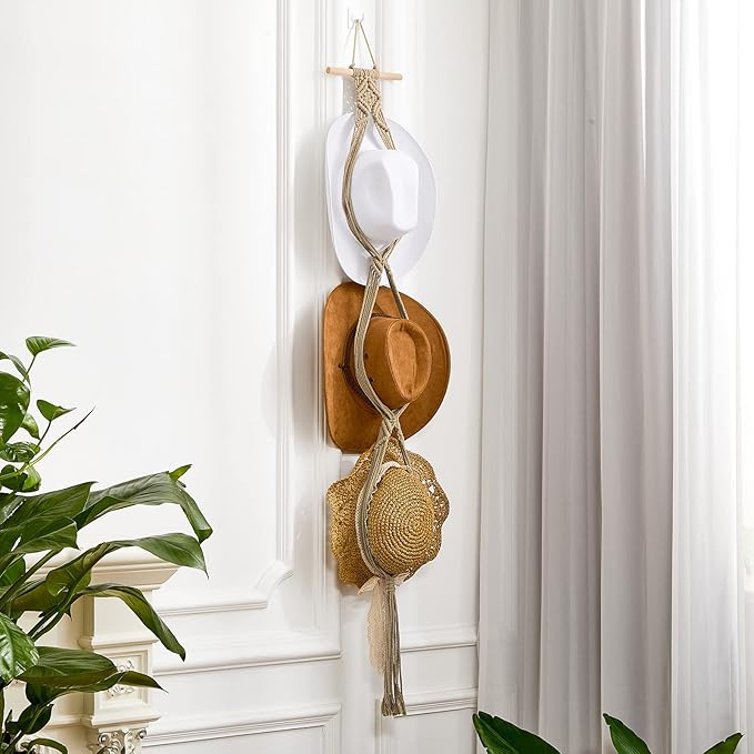 Yulejo Macrame Hat Hangers Racks Boho Cowboy Hats Holders Western Display Organizer Storage decor Back of Door for Wall(Beige,Three Hats Style)
