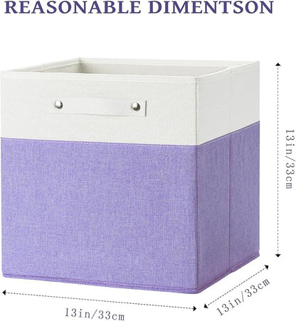 FinishingBo 13 x 13 Inch Fine Linen Storage Bins with Handles，Fabric Cube Boxs，Basket Organizers for Shelves for Home, Closet Drawers (White/Purple-4 Pack)