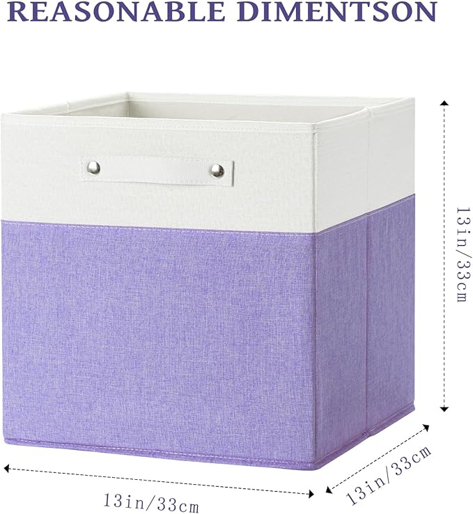 FinishingBo 13 x 13 Inch Fine Linen Storage Bins with Handles，Fabric Cube Boxs，Basket Organizers for Shelves for Home, Closet Drawers (White/Purple-6 Pack)