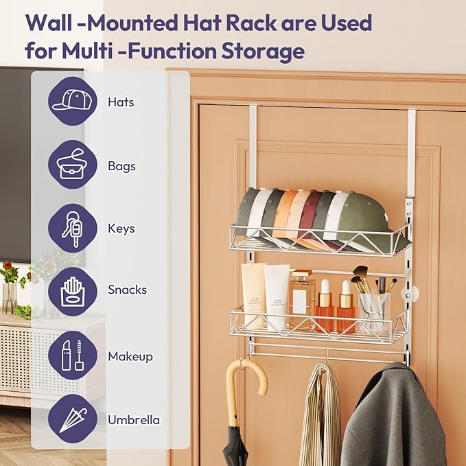 SWTYMIKI Over Door Hat Organizer - 3 Tier Wall Mounted Hat Rack with 2 Adjustable Metal Basket and 3 Hooks, Hanging Baseball Cap Organizer Storage Holds up to 29 Caps for Door, Bedroom, Closet