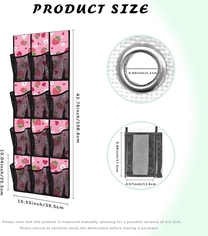Strawberries Over The Door Shoe Organizer 12 Pockets Wall Hanging Storage Pink Over The Door Closet Organizer Large Capacity Shoe Holder Hanger for School