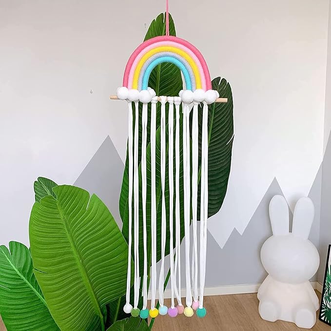 Rainbow Tassels Hair Bows Holder Hanging Baby Hair Accessories Storage Headband Holder Hair Clips Organizer Rainbow Hairpins Hanger Wall Hanging Rainbow Decoration