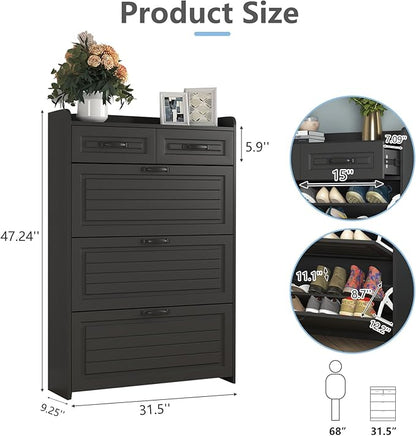 Vibe & Dine Narrow Shoe Organizer Cabinet with 3 Large Flip Drawers & 2 Storage Drawers - Slim Shoe Storage for Entryway, Hallway, Bedroom, Black