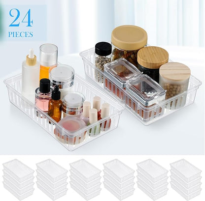 Wenqik 24 Pcs Plastic Storage Baskets for Classroom Organizing Small Pantry Storage Bins Rectangular Tray for Back to School Household Toys Classroom Bedrooms, Kitchens Countertops(Clear)