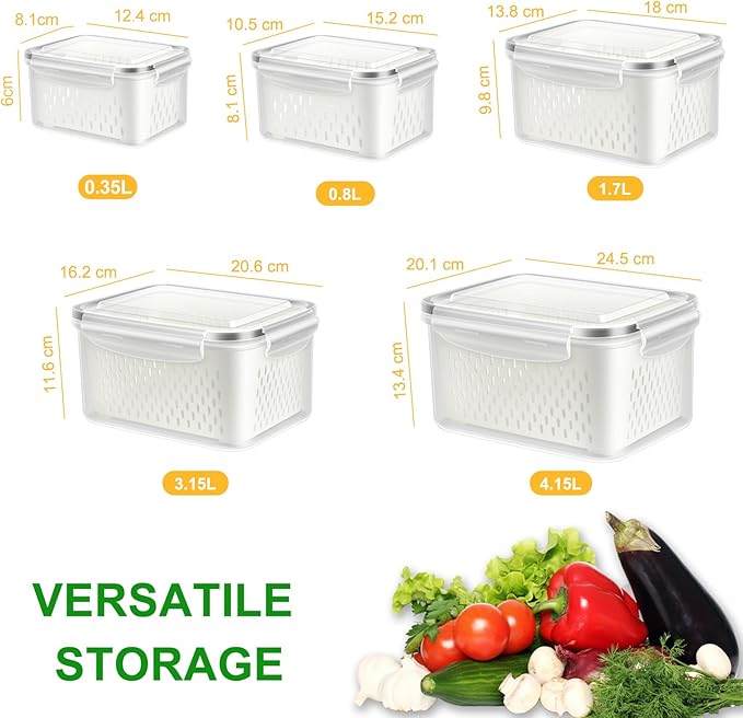 TBMAXS 5 Pack Fruit Storage Containers for Fridge Food Container with Colander Airtight BPA Free Plastic Berry Keeper Produce Vegetable Saver Bins Keep Fresh