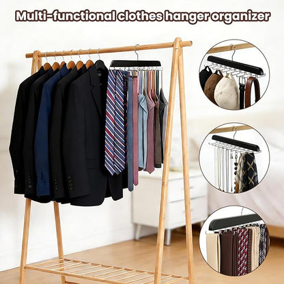 Tie Rack Hanger with 20 Foldable Metal Hooks, Space Saving Necktie Organizer for Men, Large Capacity, Wooden, Black