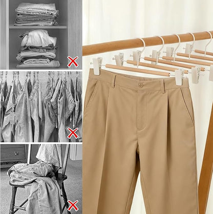 Premium Matt Metal Pants Hanger 20 Pack Smooth Beech Wood Pants Bar,Solid Natural Wooden Pant Bottom Hangers, Trouser Hangers for Slacks Jeans with 2-Adjustable Anti-Rust Clips (Pant Hanger)