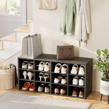 Aenuert 12-Cubby Shoe Rack, 3-Tier Wood Shoe Organizer, Multifunctional Shoe Organizer Bench for Entryway, Mudroom, Hallway, Closet,36.22 * 11.81 * 17.72 Inch,Black