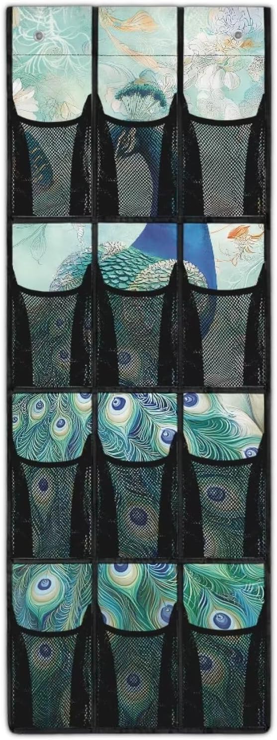 Over The Door Organizer Hanging, Behind The Door Storage, Closet Door Organizer with 12 Mesh Pockets for Bedroom,Peacock