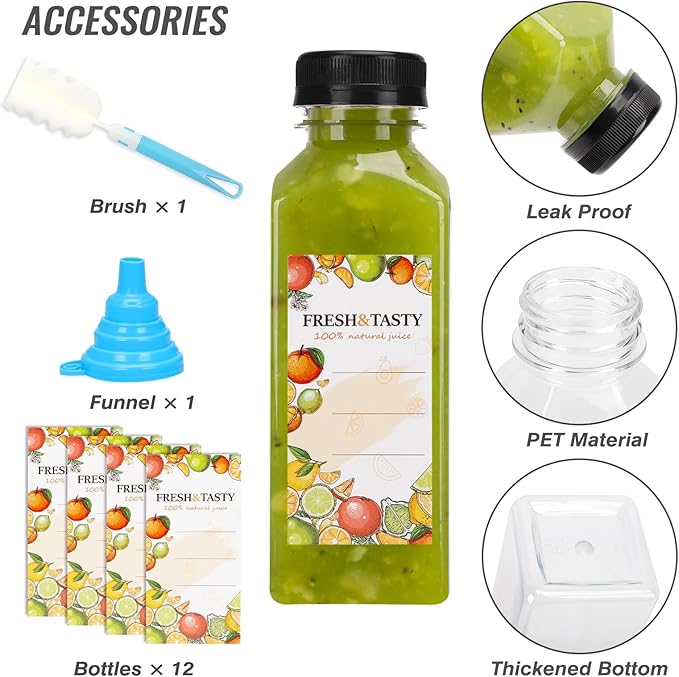 TOMNK 12pcs Juice Bottles, 12oz Reusable Plastic Juice Containers Bottles with Caps and Labels, Funnel, Brush Beverage Containers for Juicing, Smoothies, Tea, Milk
