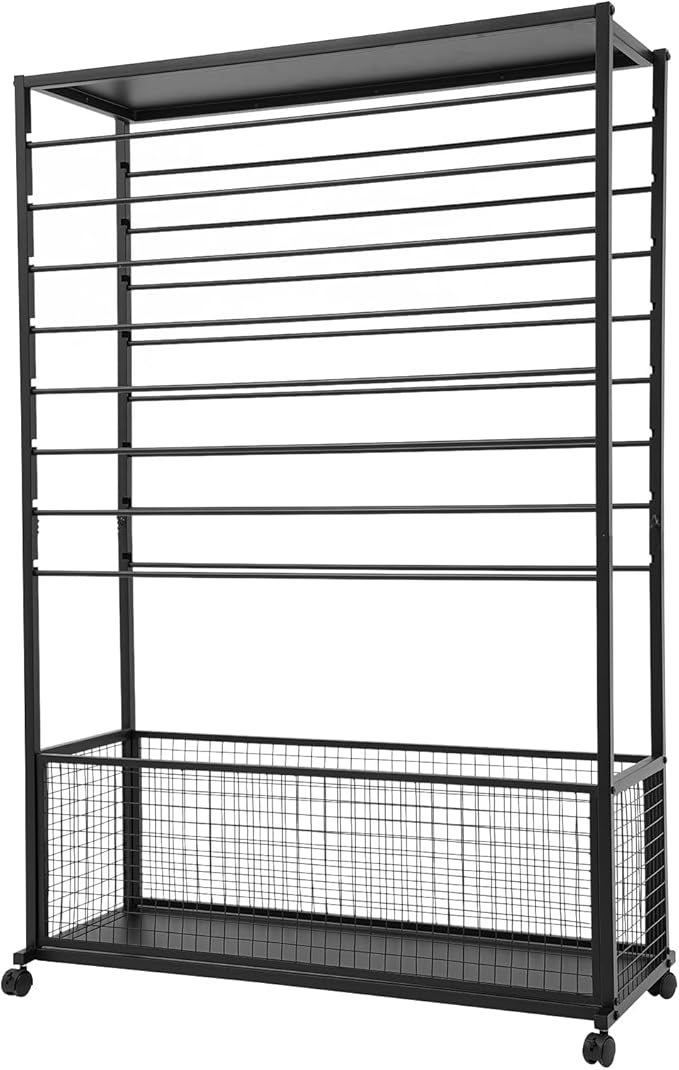 Commercial Ribbon Holder Organizer w/ 16 Rods & Locking Wheels - 59" Mobile Craft Storage for Florists, 4-Tier w/Mesh Basket (Black, 39.37 * 12.6 * 59.06in)