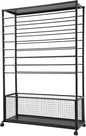 Commercial Ribbon Holder Organizer w/ 16 Rods & Locking Wheels - 59" Mobile Craft Storage for Florists, 4-Tier w/Mesh Basket (Black, 39.37 * 12.6 * 59.06in)