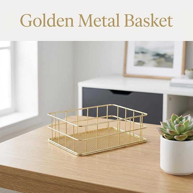 Gold Wire Basket, 6.8x4.8 Inch Gold Small Metal Basket, Versatile Mesh Storage Bin for Home Organization | Decorative Gold Shelf Basket for Home, Desk & Cosmetic Stationery