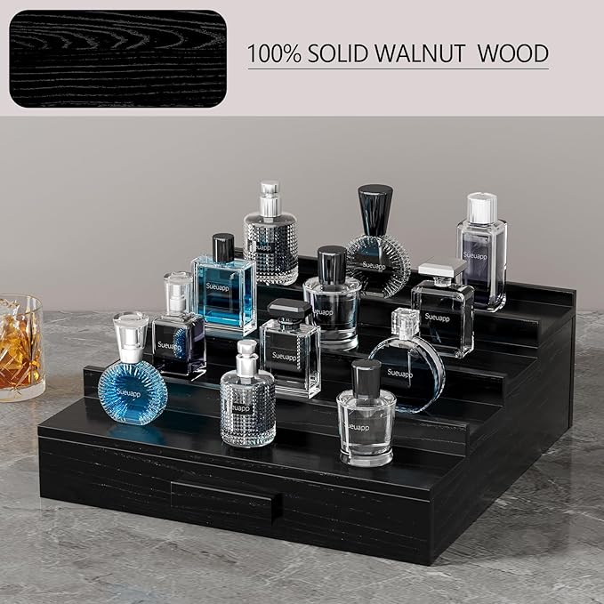 Walnut Wood Cologne Organizer for Men,4 Tier Cologne Stand,Perfume Stand Organizer,Cologne Shelf Display Holder with Hidden Storage and Drawer,Great Gift for Men,Black