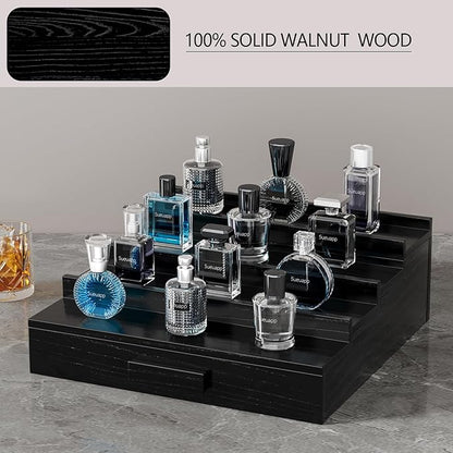 Walnut Wood Cologne Organizer for Men,4 Tier Cologne Stand,Perfume Stand Organizer,Cologne Shelf Display Holder with Hidden Storage and Drawer,Great Gift for Men,Black