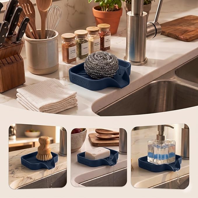 MicoYang Silicone Bathroom Soap Dishes with Drain Spout-Kitchen Sink Organizer,Sponge Holder,Dish Soap Tray,Perfect for Dispenser,Scrubber,Bottle,Cup on Sink or Counter-Navy Blue 4.9"×3.2"