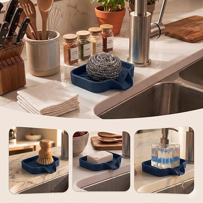 MicoYang Silicone Bathroom Soap Dishes with Drain Spout-Kitchen Sink Organizer,Sponge Holder,Dish Soap Tray,Perfect for Dispenser,Scrubber,Bottle,Cup on Sink or Counter-Navy Blue 4.9"×3.2"