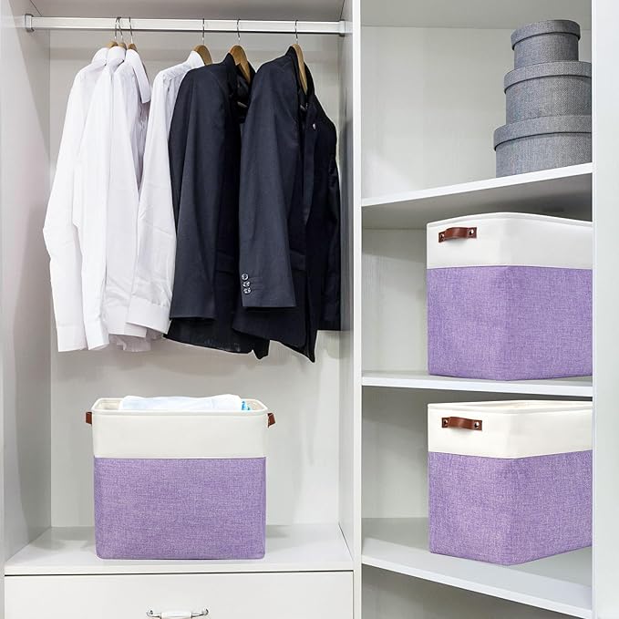 Bagnizer Large Fabric Storage Baskets | 50L Storage Bins, Decorative Linen Closet Baskets with Handles for Organizing, Shelf, Toys, Clothes, Home, Office, Nursery, 17x12x15Inches (Purple&White)