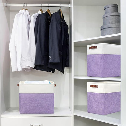 Bagnizer Large Fabric Storage Baskets | 50L Storage Bins, Decorative Linen Closet Baskets with Handles for Organizing, Shelf, Toys, Clothes, Home, Office, Nursery, 17x12x15Inches (Purple&White)