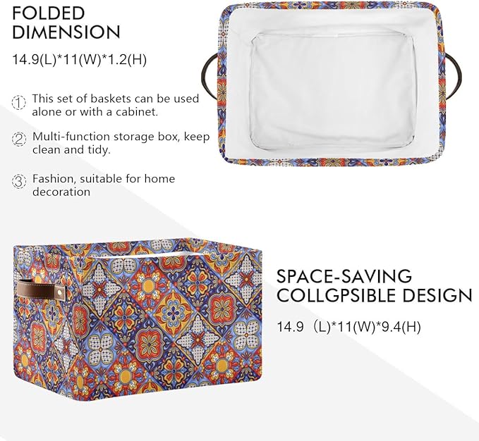 Foldable Storage Baskets, Mexican Ceramic Tile Pattern Storage Bins with Handles, Decorative Cloth Organizer Storage Boxes for Home|Office 15 x 11 x 9.5 in