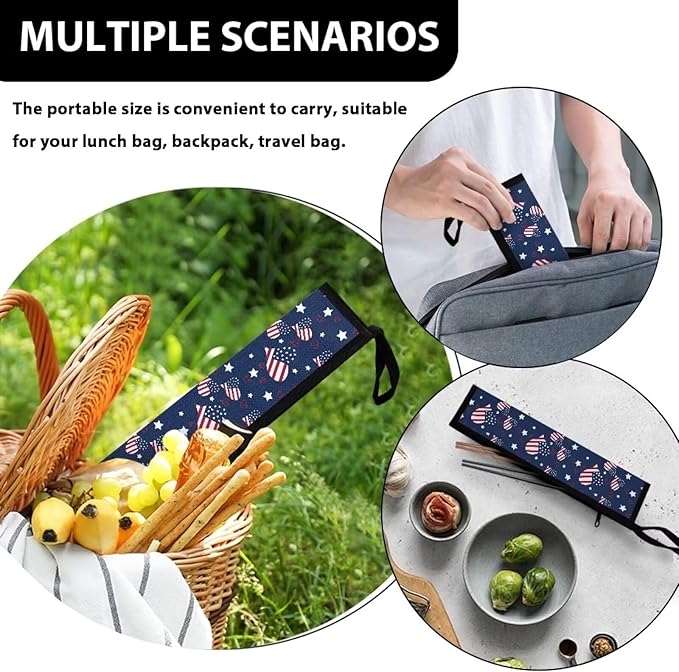 America Flag Reusable Cutlery Bag, Daisy Butterfly Chopstick Case without Chopsticks Travel Utensil Pouch, Flatware Carrying Case for Metal Dinnerware 11.8 Inch