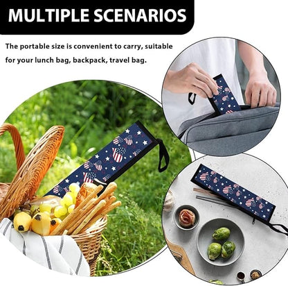 America Flag Reusable Cutlery Bag, Daisy Butterfly Chopstick Case without Chopsticks Travel Utensil Pouch, Flatware Carrying Case for Metal Dinnerware 11.8 Inch