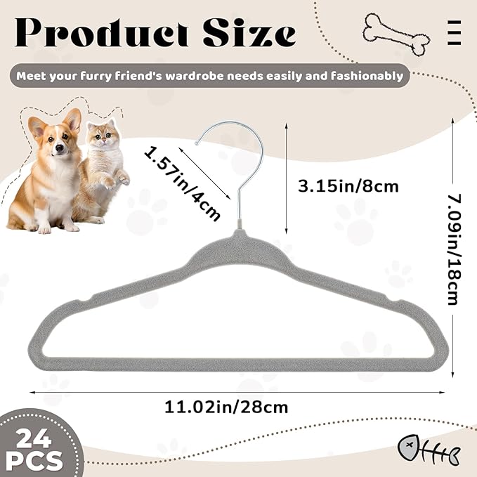 Weysat 24 Pcs Dog Apparel 11'' Clothing Hangers Velvet Small Pet Gray Hangers for Cats/Dogs Non-Slip & 360° Swivel Rustproof Metal Hooks, Space-Saving for Home Storage & Grooming Salons Minimalism