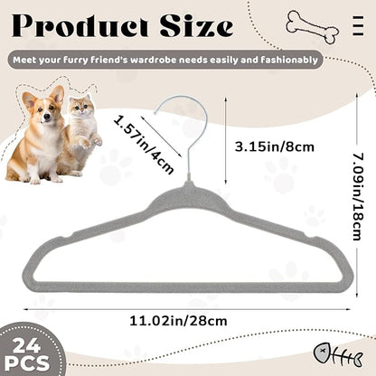 Weysat 24 Pcs Dog Apparel 11'' Clothing Hangers Velvet Small Pet Gray Hangers for Cats/Dogs Non-Slip & 360° Swivel Rustproof Metal Hooks, Space-Saving for Home Storage & Grooming Salons Minimalism