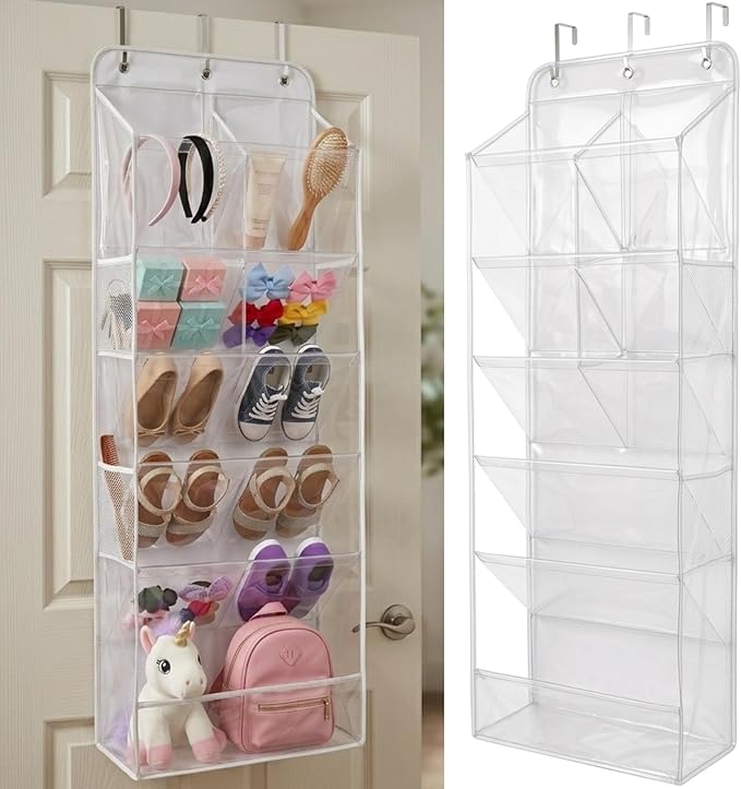 HOMELUX THEORY 6 Tiers Over The Door Shoe Organizer - 100D Extra Thick Deep Pockets Shoe Rack for Closet, 4 Side Pockets Shoe Rack for Entryway & Hanging Shoe Organizer for Closet (V1, Transparent)