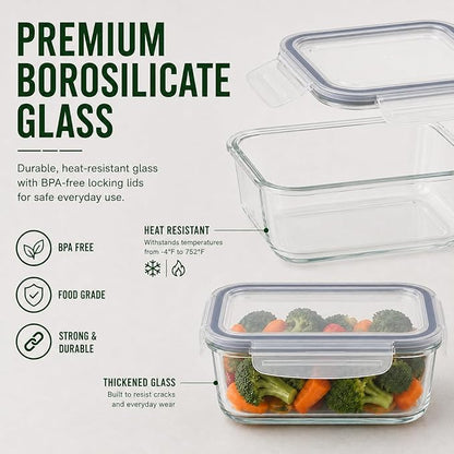 5 Pack 36oz Borosilicate Glass Food Storage Containers Set with Lids, Freezer Meal Prep Containers, Airtight Bento Lunch Container Set, Oven, Freezer and Dishwasher Safe, BPA Free, Kitchen Storage Set