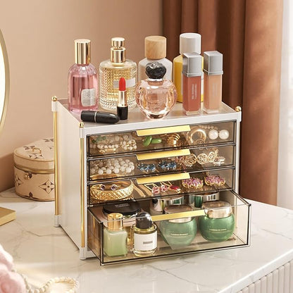Aveniee 4 Drawers Makeup Organizer- Bathroom Organizers and Storage, Plastic Bins Countertop Perfume Vanity Desk Organization for Cosmetic, Skincare, Face Mask, Jewelry, Gold