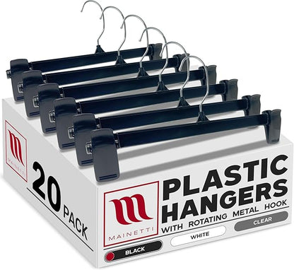 Mainetti Black Plastic Clothes Hangers 20 Pack | 12-Inch Space Saving Hangers with 360 Swivel Metal Hook & Non-Slip Clips | Closet Hangers Ideal for Pants, Skirts, Slacks and Shorts (6012BRSEMN20)