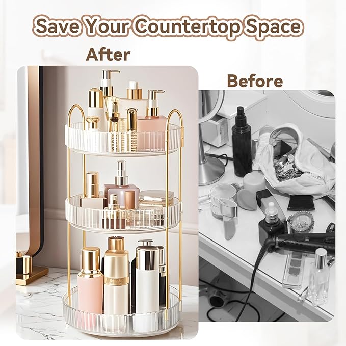 360° Rotating Makeup Organizer for Vanity, 3 Tier Perfume Organizers Skincare Organizers and Storage for Bathroom Countertop, Spinning Cosmetic Organizer for Bedroom Dresser Counter (Clear)