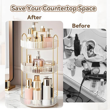 360° Rotating Makeup Organizer for Vanity, 3 Tier Perfume Organizers Skincare Organizers and Storage for Bathroom Countertop, Spinning Cosmetic Organizer for Bedroom Dresser Counter (Clear)