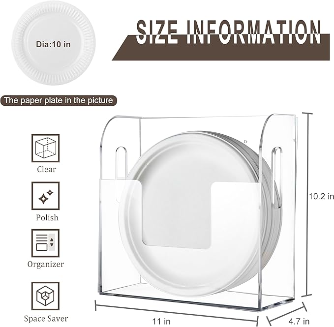 Acrylic Paper Plate Dispenser Wall Mounted, Paper Plate Organizer in Cabinet, Disposable Plate Storage Holder for Kitchen Countertop or Outdoor Picnics Party, Provide Adhesive Strip & Mounting Screws