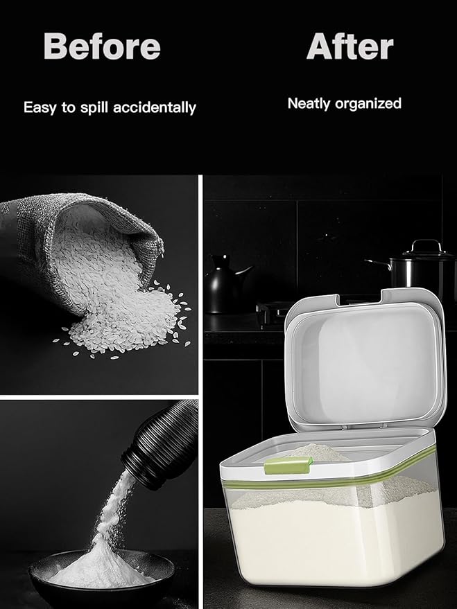 LivLab Mker Flour sugar storage containers with One-Press Lid | BPA-Free Clear PET Airtight food container with scoop| Stackable cereal Storage Organizer 8x6.5x5.5in 2.8L/6Lbs (green)