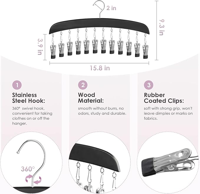 MEILIDY Leggings Hangers, Wooden Closet Hanging Leggings Storage Organizer Scarf Hangers with 24 Clips, 360° Swivel Hook, Black, 2 Pcs