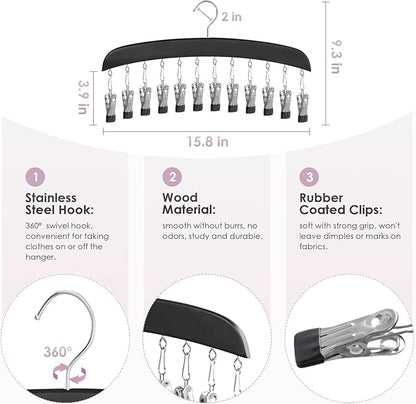 MEILIDY Leggings Hangers, Wooden Closet Hanging Leggings Storage Organizer Scarf Hangers with 24 Clips, 360° Swivel Hook, Black, 2 Pcs