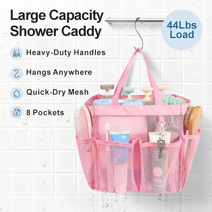 F-color Mesh Shower Caddy Portable, Upgrade Deeper 7 Pockets Shower Bag Basket Tote for College Dorm Room Toiletry Bathroom Essentials Gym Camp Quick Dry 2 handles with S Hook, Pink