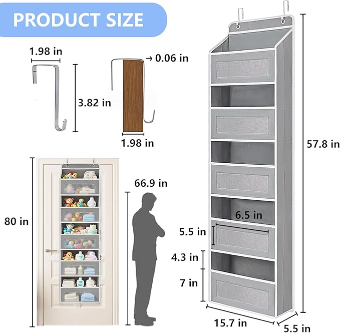 Over the Door Organizer with 5 Front Pockets and 5 Mesh Side Pockets,Extra Large Hanging Organizer for Over the Door Storage in Bedroom, Bathroom, Pantry, Nursery (Grey)