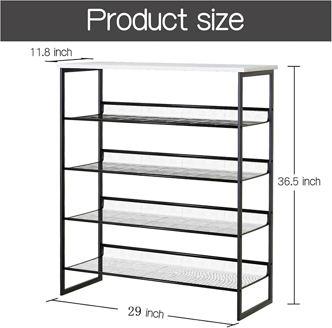 Garden 4 you Shoe Rack for Entryway 5 Tiers 11.8" D x 29" W x 36.5" H, Metal Shoe Rocks with White Wooden Tabletop, Angled Shoes Rack with Adjustable Mesh Shelves for Entryway Hallway Closet