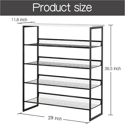Garden 4 you Shoe Rack for Entryway 5 Tiers 11.8" D x 29" W x 36.5" H, Metal Shoe Rocks with White Wooden Tabletop, Angled Shoes Rack with Adjustable Mesh Shelves for Entryway Hallway Closet