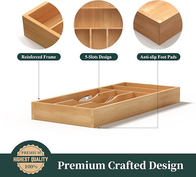 Silverware Organizer, Bamboo Kitchen Drawer Organizer, Utensil Holder, Cutlery Tray & Spoon Flatware Storage with Grooved Drawer Dividers (6.7''W x 15.5''D)