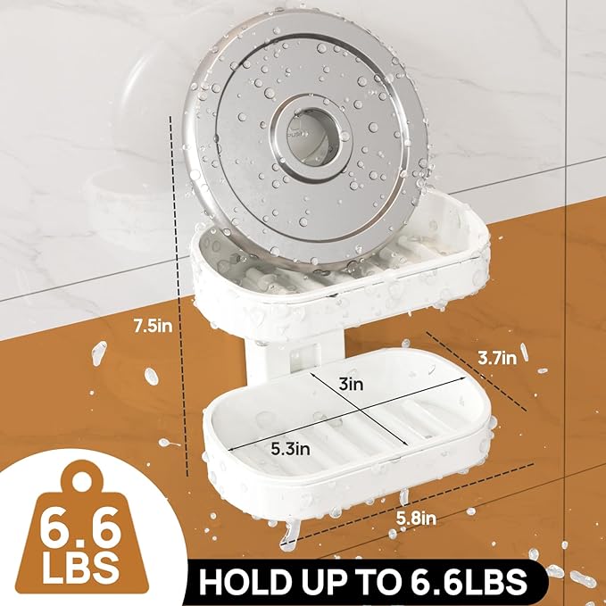 LEVERLOC Soap Dish Holder for Shower, Double Layer Suction Cup Wall Mounte Self Draining Removable Waterproof Strong Suction Bar Soap Holder for Shower, White