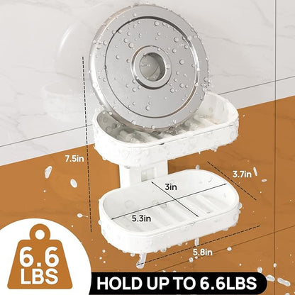 LEVERLOC Soap Dish Holder for Shower, Double Layer Suction Cup Wall Mounte Self Draining Removable Waterproof Strong Suction Bar Soap Holder for Shower, White