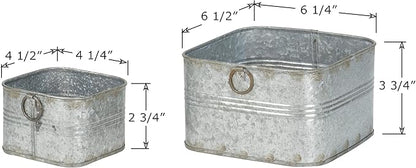 Red Co. 6.5" and 4.5" Square Tub Galvanized Metal Bucket Containers Set of 2, Rusted Gray