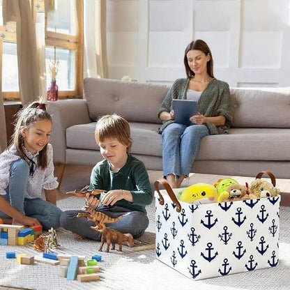 Collapsible Storage Basket with Handles, Waterproof Foldable Organizer Bin 15x10x9 Inches, Nautical Anchor Decor for Toys, Shelves, Home