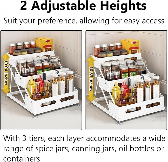 Ceetug 3 Tier Foldable Spice Rack for Countertop Iron Kitchen Seasoning Organizer for Cabinet, White